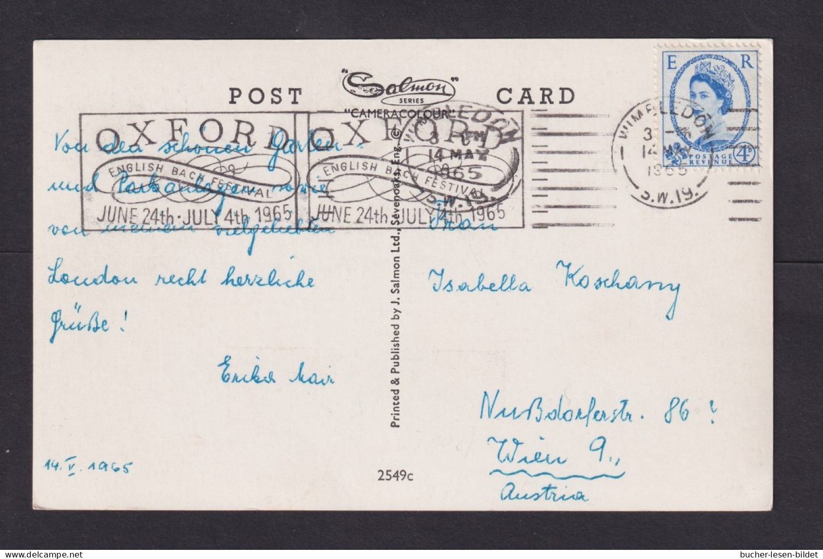 1965 - Maschinenstempel Wimbelton "English Bach Festival..." - Karte - Musique