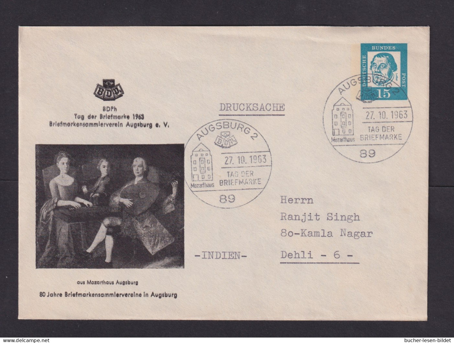 1963 - 15 Pf. Privat-Ganzsache "Mozarthaus Augsburg" - Passender Sonderstempel - Musica