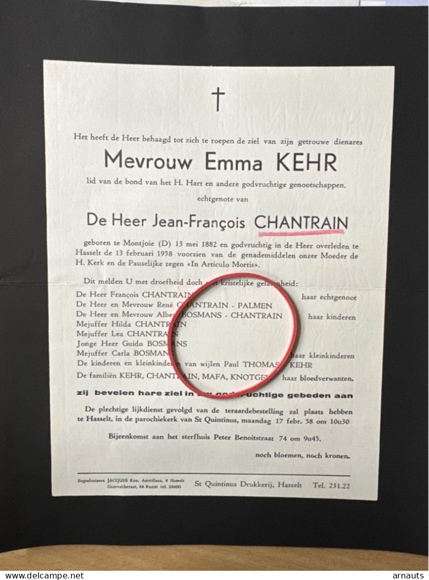 Emma Kehr Echtg Chantrain Jean-François *1882 Monschau  Montjoie +1958 Hasselt Palmen Bosmans Thomas Mafa Knotgen - Todesanzeige