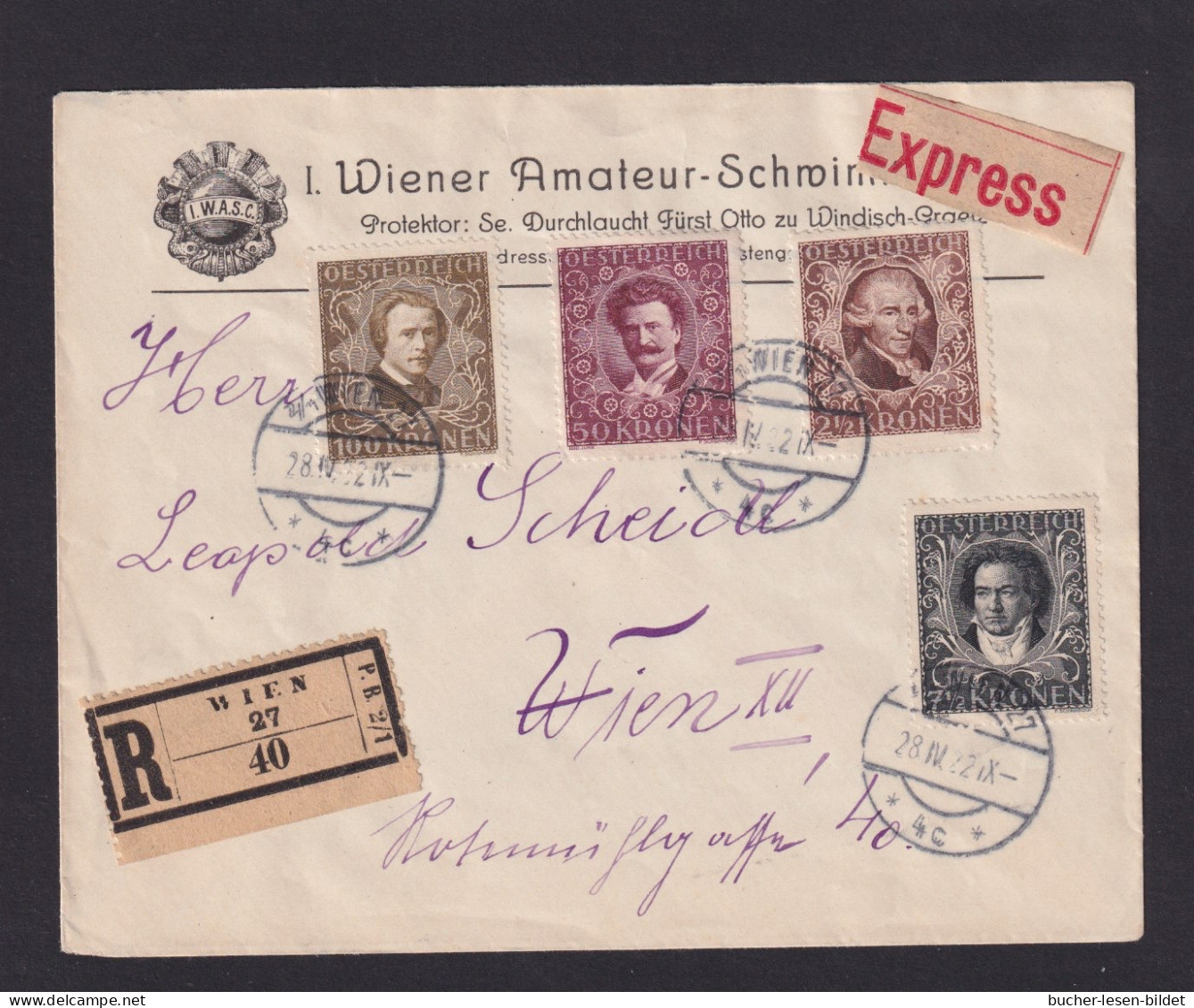 1922 - 4 Werte Komponisten Auf Eilboten-Einschreibbrief In Wien - Briefe U. Dokumente