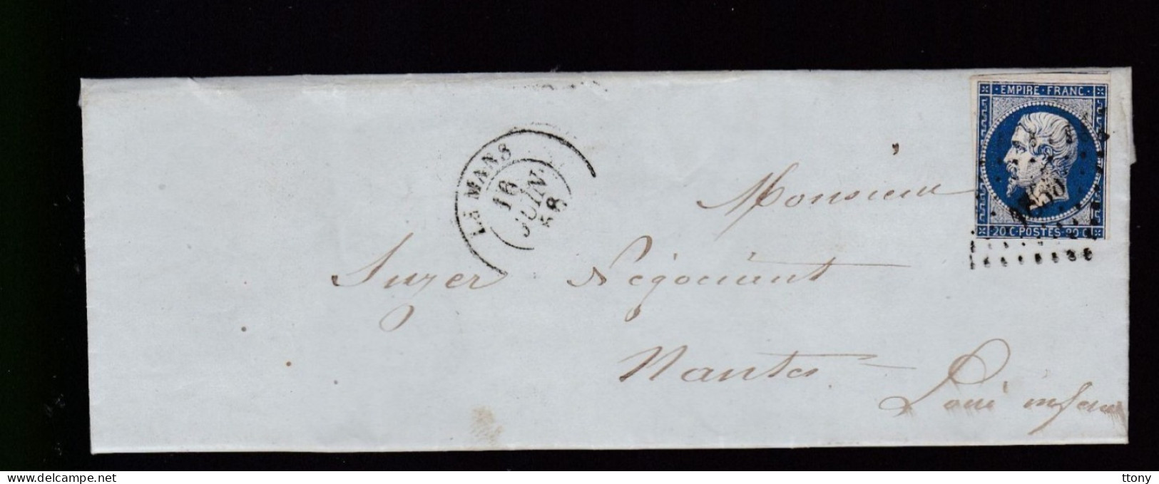 Timbre N° 14 Napoléon III  Bleu  Foncé  20 C   Sur Lettre  Départ Le Mans    1856    Destination   Nantes - 1853-1860 Napoleone III