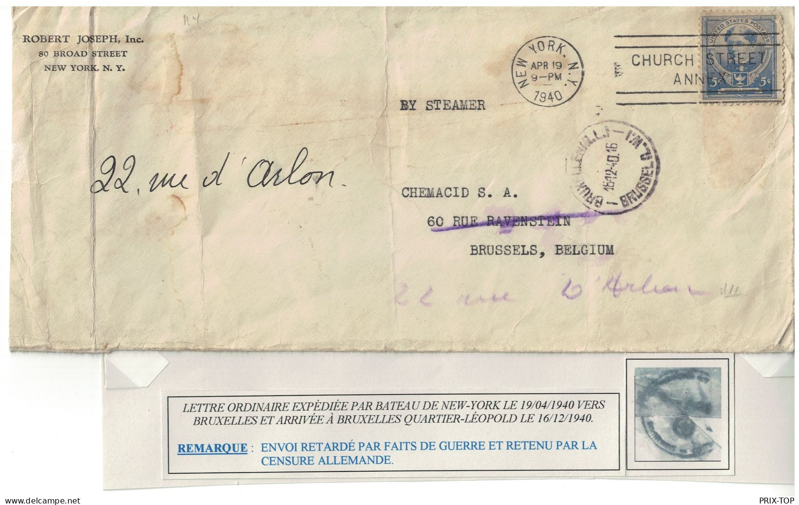 US Cover BY STEAMER Canc.N.Y. APR 19 1940 > Belgium Arrival Can. 18/12/40 Censored Redirected - WW II (Covers & Documents)