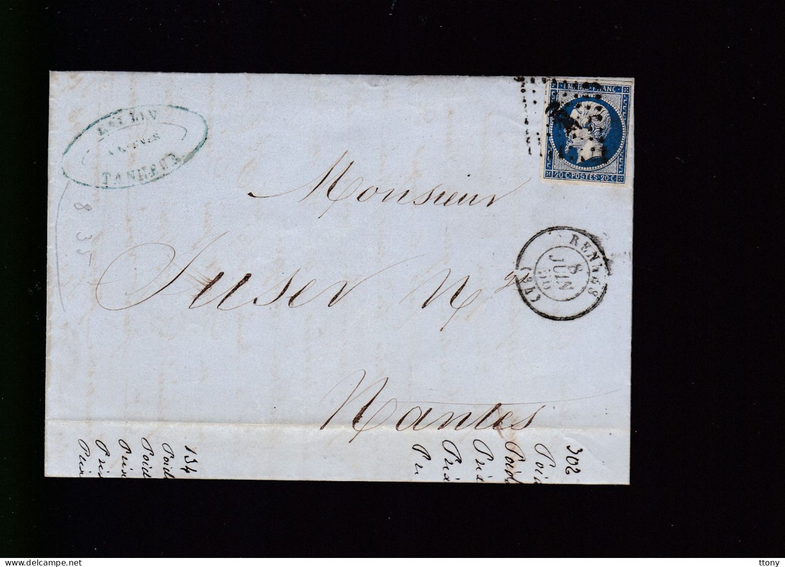 Timbre N° 14 Napoléon III  Bleu  Foncé  20 C   Sur Lettre  Départ Rennes     1856    Destination   Nantes - 1853-1860 Napoléon III.