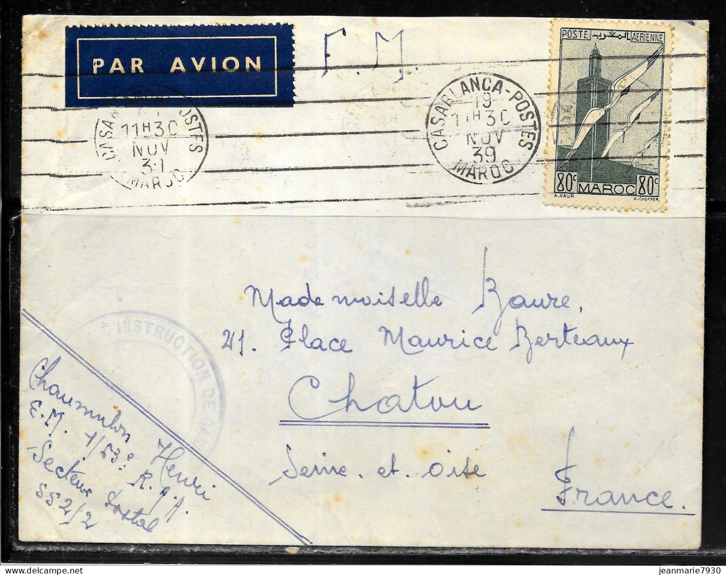 C497 - FRANCHISE MILITAIRE DU SP 552 - N° PA 43 SUR LETTRE DE CASABLANCA DU 19/11/39 - Briefe U. Dokumente