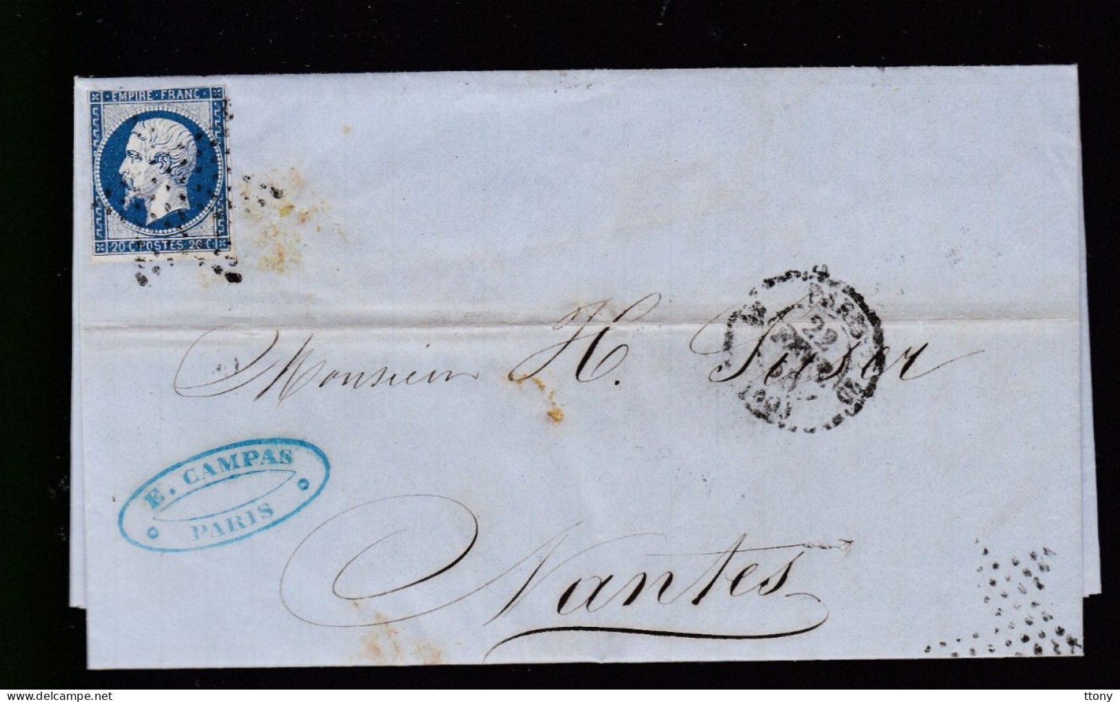 Timbre N° 14 Napoléon III  Bleu  Foncé  20 C   Sur Lettre  Etoile De Paris   1856    Destination   Nantes - 1853-1860 Napoléon III