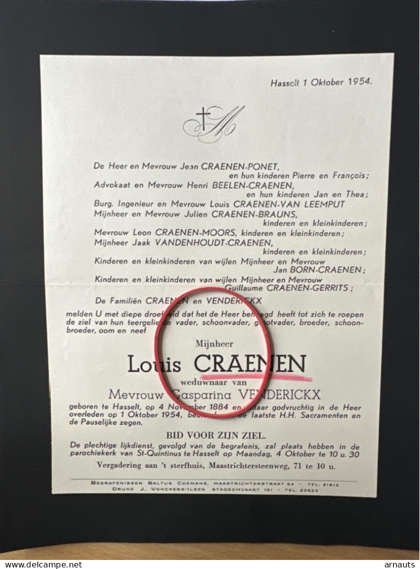 Louis Craenen Wed Gasparina Venderickx *1884 Hasselt +1954 Hasselt Ponet Van Leemput Brauns Born Gerrits Moors - Todesanzeige