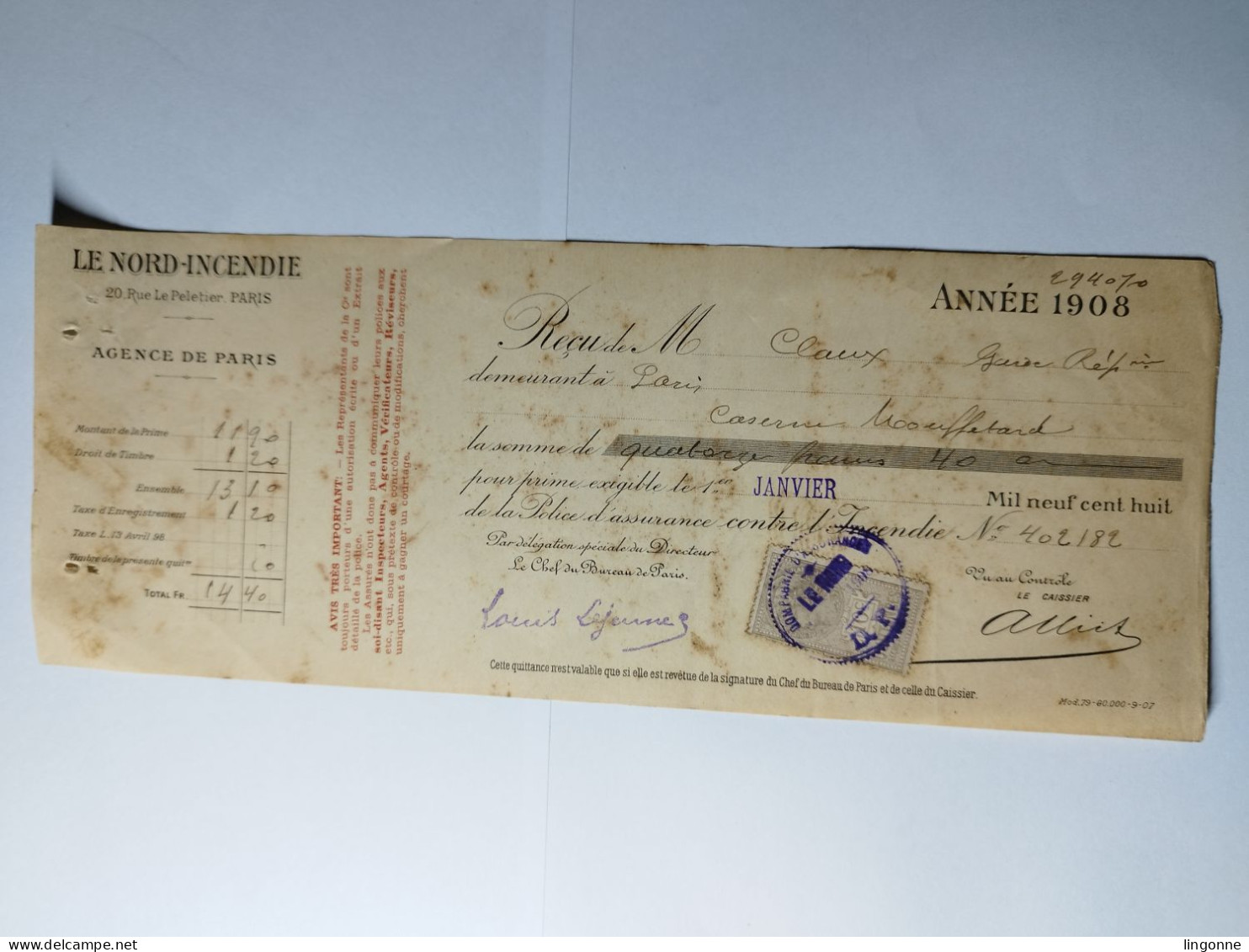 1908 Agence LE NORD INCENDIE RECU De Mr CLAUX Caserne Mouffetard PARIS - 1900 – 1949