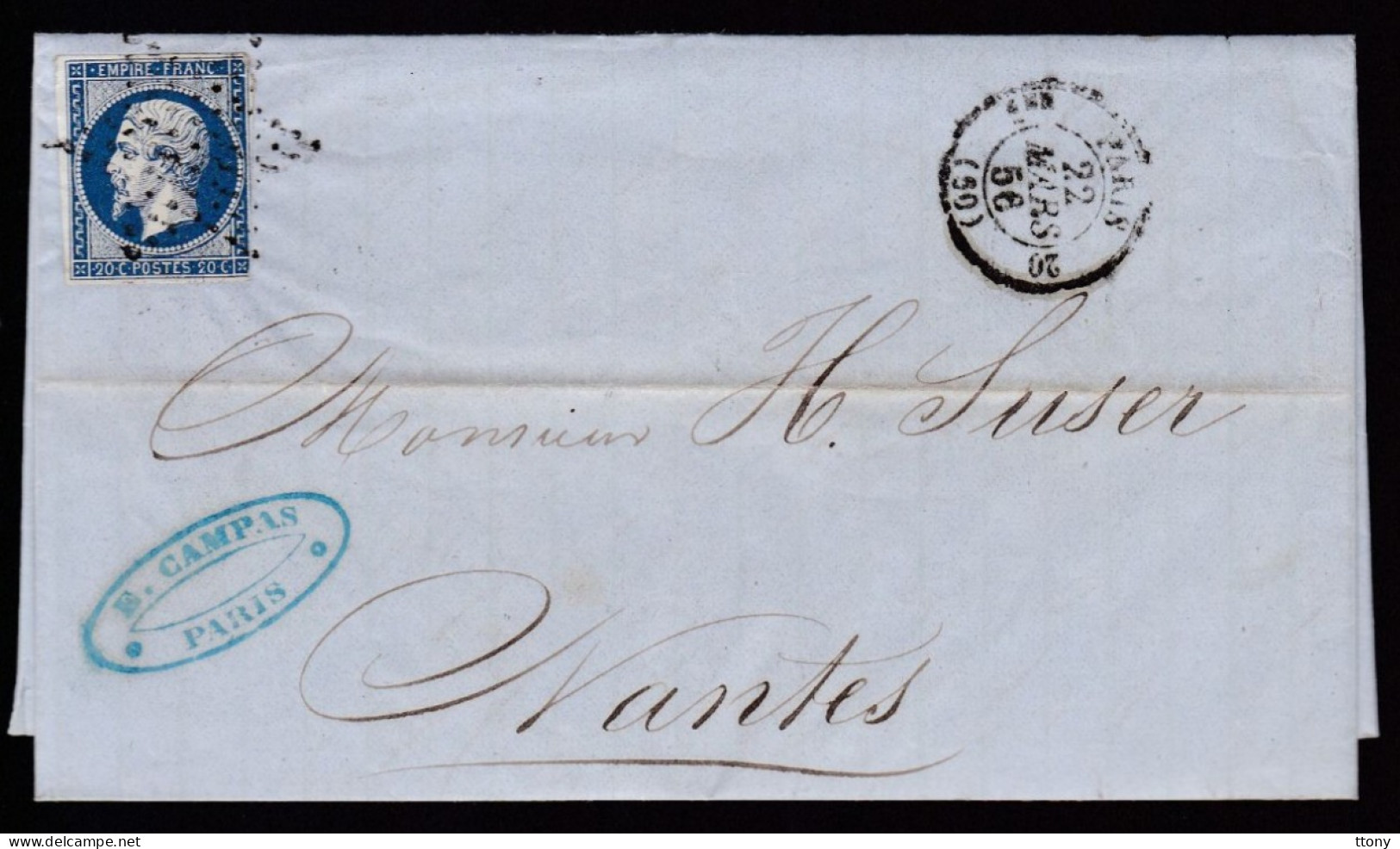 Timbre N° 14 Napoléon III  Bleu  Foncé  20 C   Sur Lettre  Etoile De Paris   1856    Destination   Nantes - 1853-1860 Napoleone III