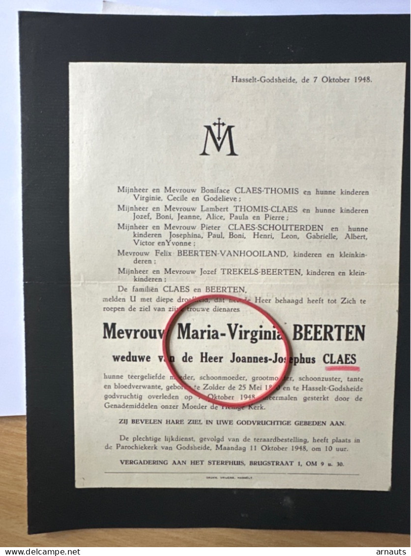 Mevr Maria-Virginia Beerten Wed Claes Joannes-Josephus *1870 Zolder +1948 Hasselt Godsheide Thomis Schouterden Trekels - Todesanzeige