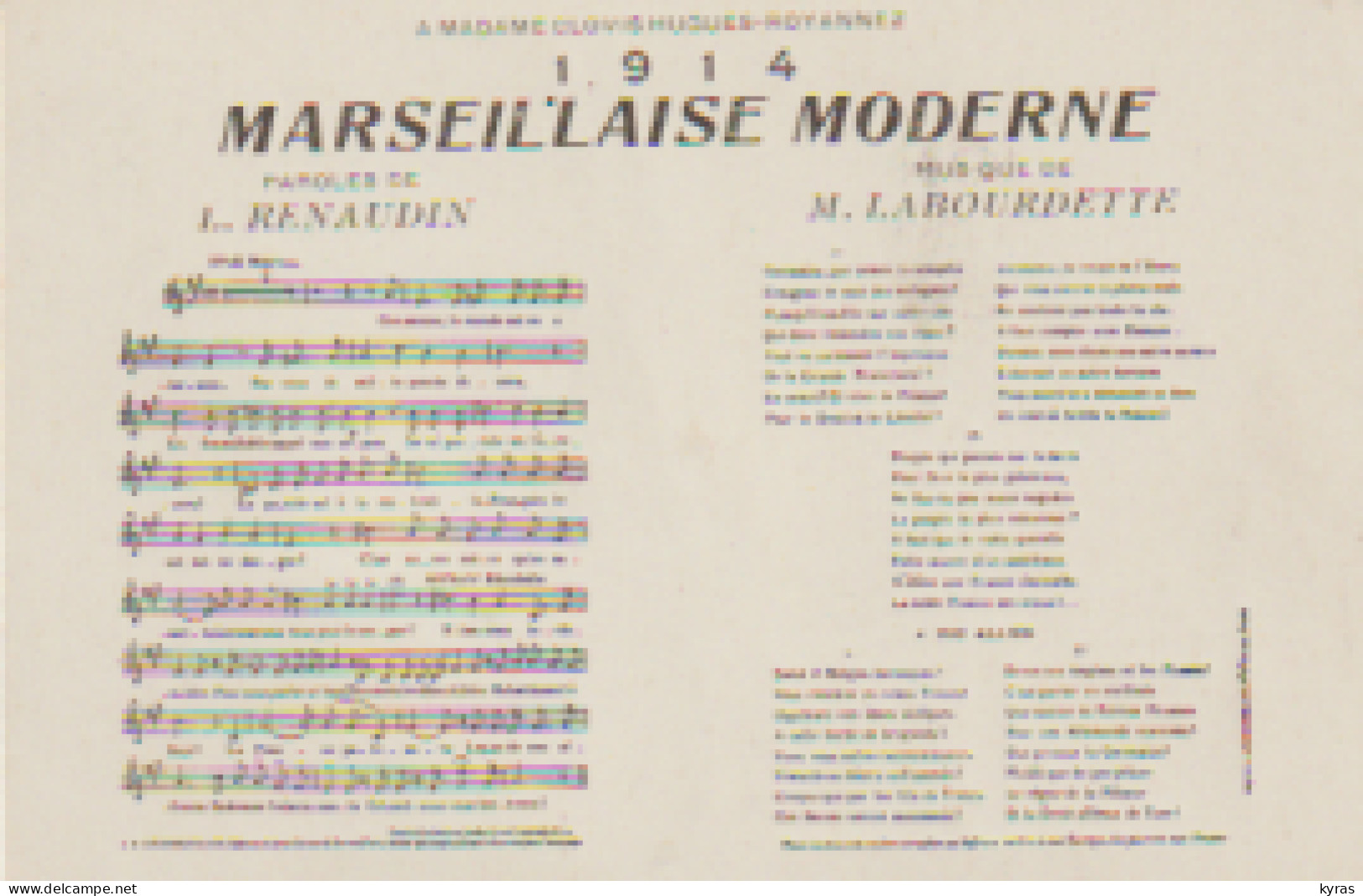 MILIARIA. Rare Chanson "1914-MARSEILLAISE MODERNE" De Renaudin & Labourdette" A Mme Clovis-Hugues-Royannez - 1914-18