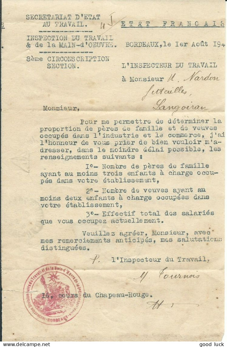 FRANCE LETTRE CACHET ROUGE + SEING INSPECTION DU TRAVAIL BORDEAUX ( GIRONDE ) TAXE 1F POUR LANGOIRAN 1941   LETTRE COVER - 1859-1959 Storia Postale