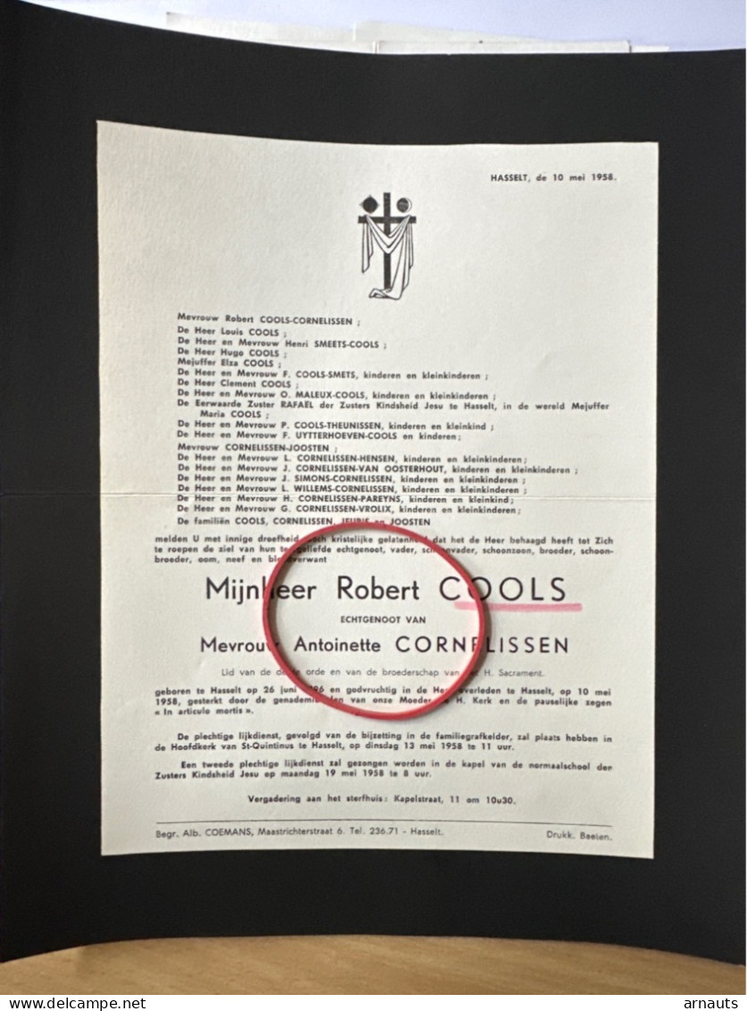 Robert Cools Echtg Cornelissen Antoinette *1896 Hasselt +1958 Hasselt Jeuris Joosten Maleux Pareyns Vrolix Hensen Smeets - Obituary Notices