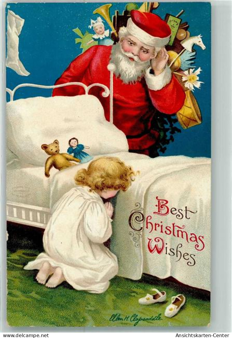 13480102 - Kind Betet, Teddybaer Puppe Rucksack Mit Spielzeug - Weihnachten, Weihnachtsmann - Clapsaddle