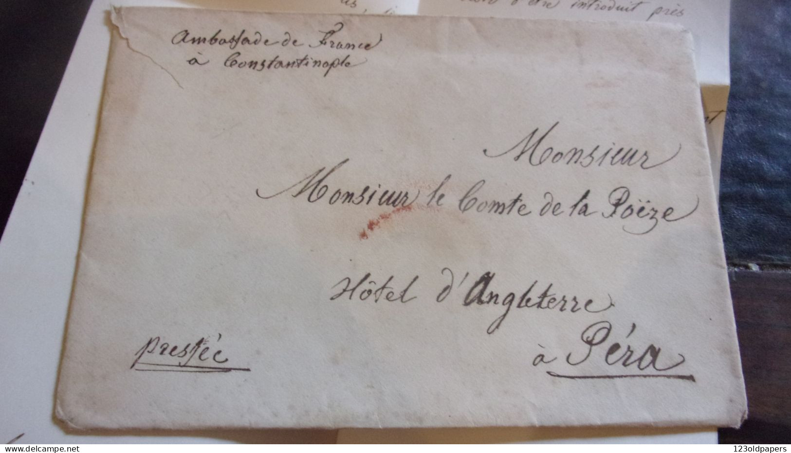 1849 CACHET CIRE AMBASSADE DE FRANCE A CONSTANTINOPLE A MONSIEUR COMTE DE LA POEZE PERA THERAPIE TURKEY - Documents Historiques