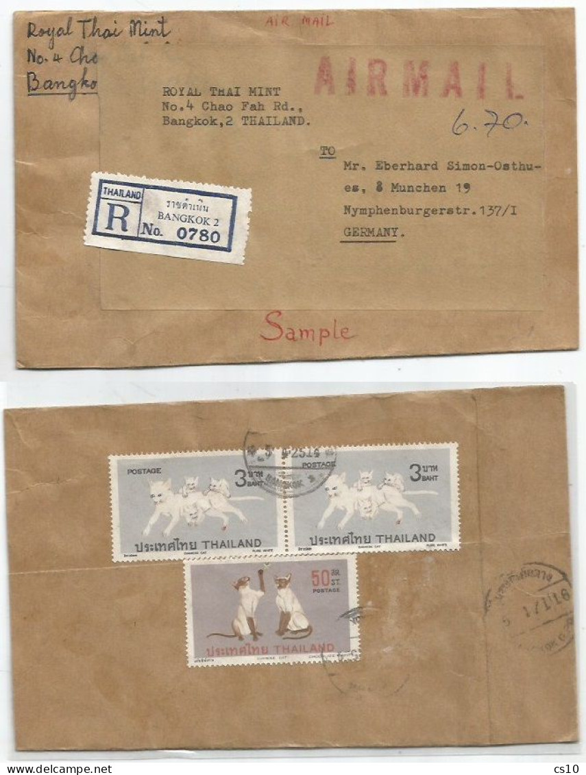 Cat-like Felini Tahi Issue B.3 Pair + 50st Franking Sample Registered AirmailCV B.kok 5jan1971 - Gatti