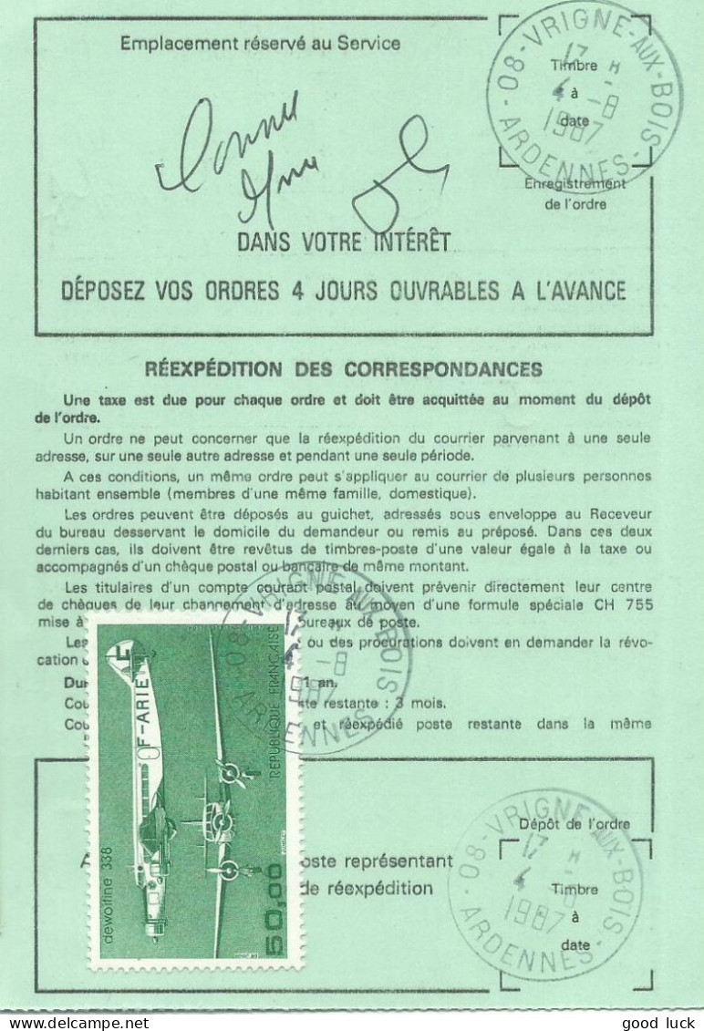 FRANCE ORDRE DE REEXPEDITION 50F VRIGNE AUX BOIS ( ARDENNES ) POUR REIMS ( MARNE ) DE 1987   LETTRE COVER - 1960-.... Briefe & Dokumente