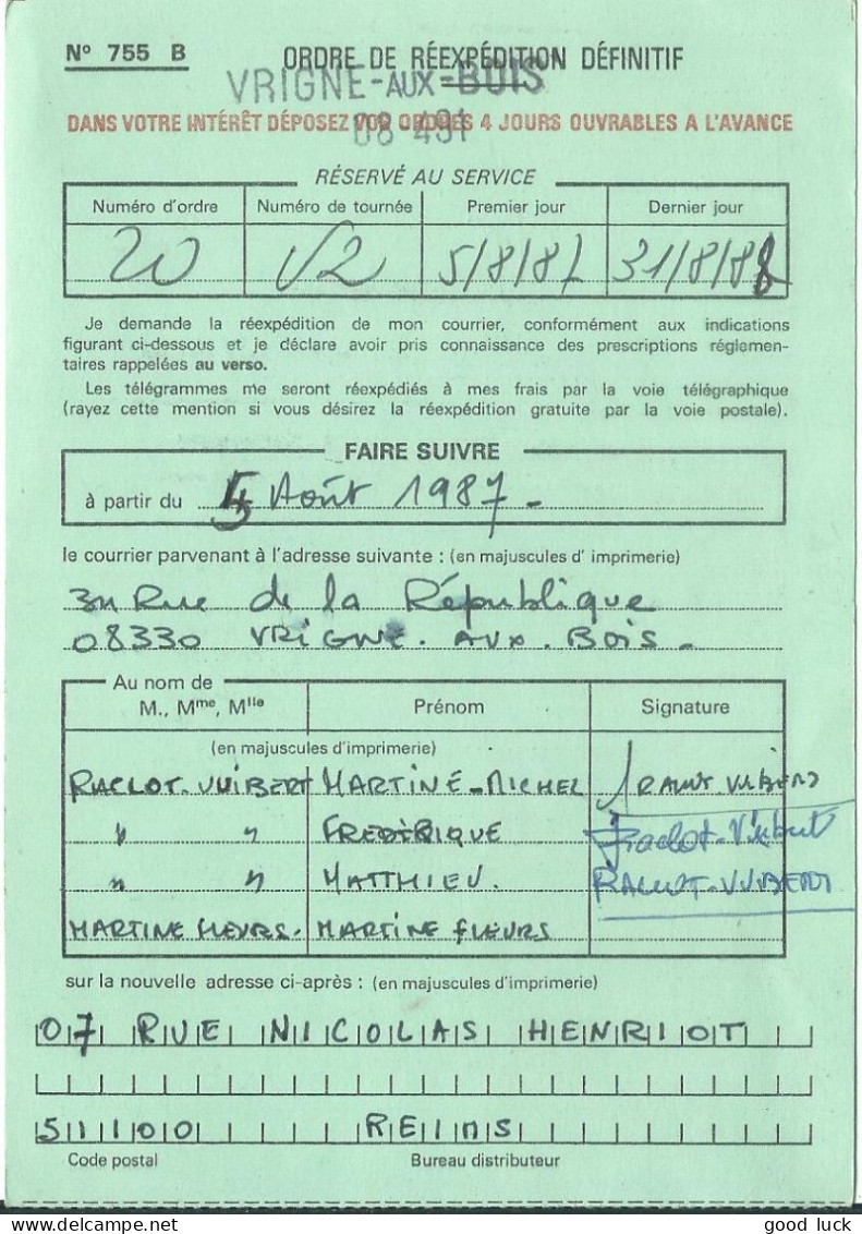 FRANCE ORDRE DE REEXPEDITION 50F VRIGNE AUX BOIS ( ARDENNES ) POUR REIMS ( MARNE ) DE 1987   LETTRE COVER - 1960-.... Brieven & Documenten