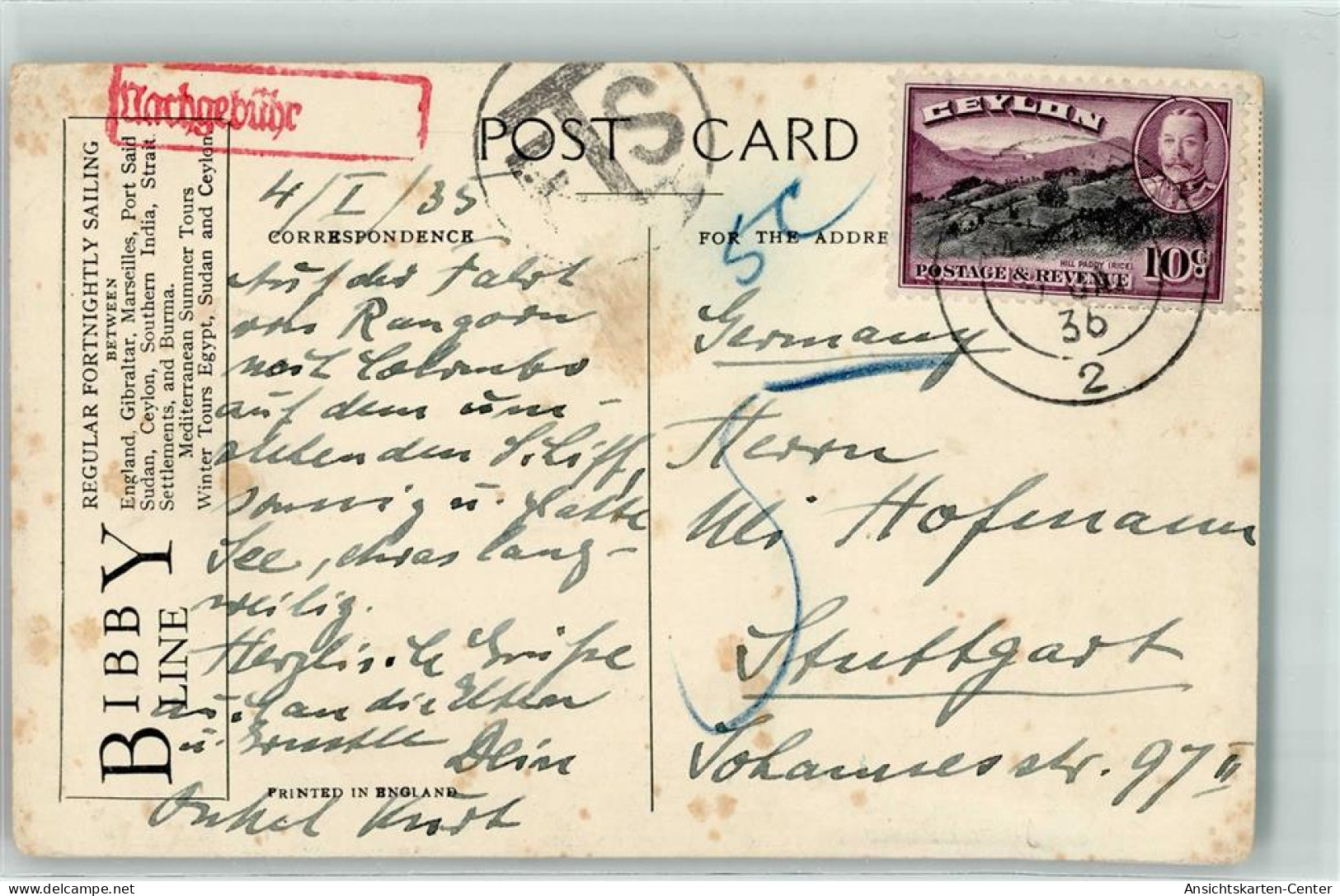 39368401 - Stempel Nachgebuehr Taxe Dampfer MV Shropshire Destination Ceylon Nach Stuttgart Deutschland - Sri Lanka (Ceylon) (1948-...)