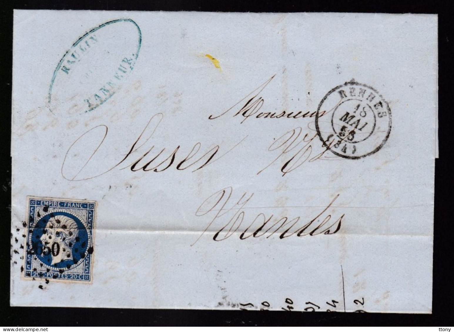 Timbre N° 14 Napoléon III  Bleu  Foncé  20 C   Sur Lettre Départ   Rennes   1856    Destination    Nantes Pc 2650 - 1853-1860 Napoleon III