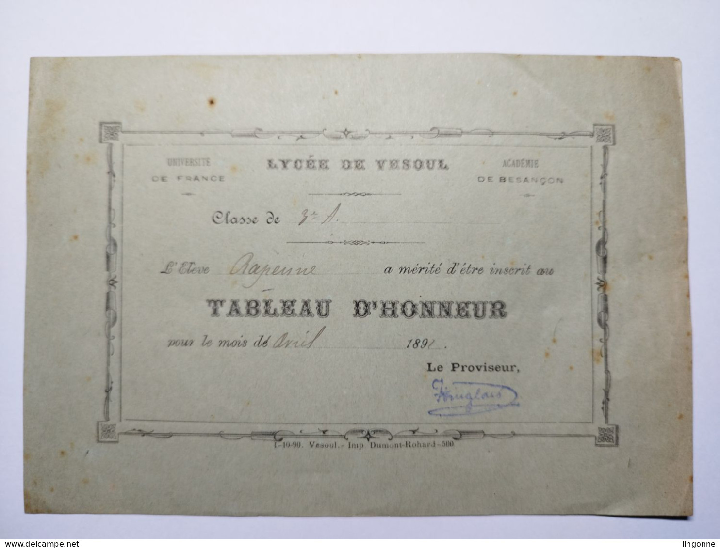 1891 Lycée De VESOUL (Haute-Saône 70) ACADEMIE De BESANCON UNIVERSITE DE FRANCE élève RAPENNE TABLEAU D'HONNEUR - Diploma & School Reports