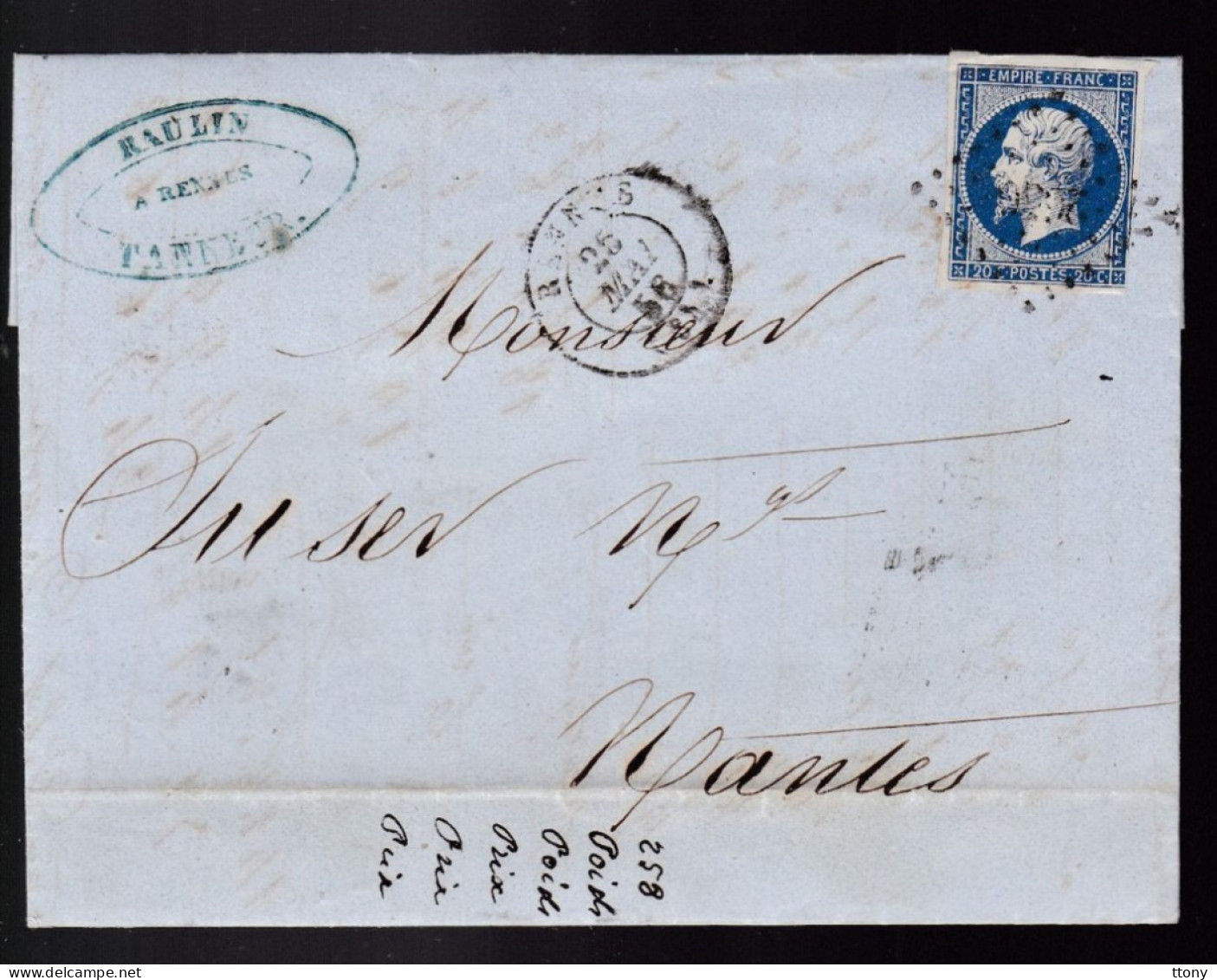 Timbre N° 14 Napoléon III  Bleu  Foncé  20 C   Sur Lettre Départ   Rennes   1856    Destination    Nantes Pc 2650 - 1853-1860 Napoleon III