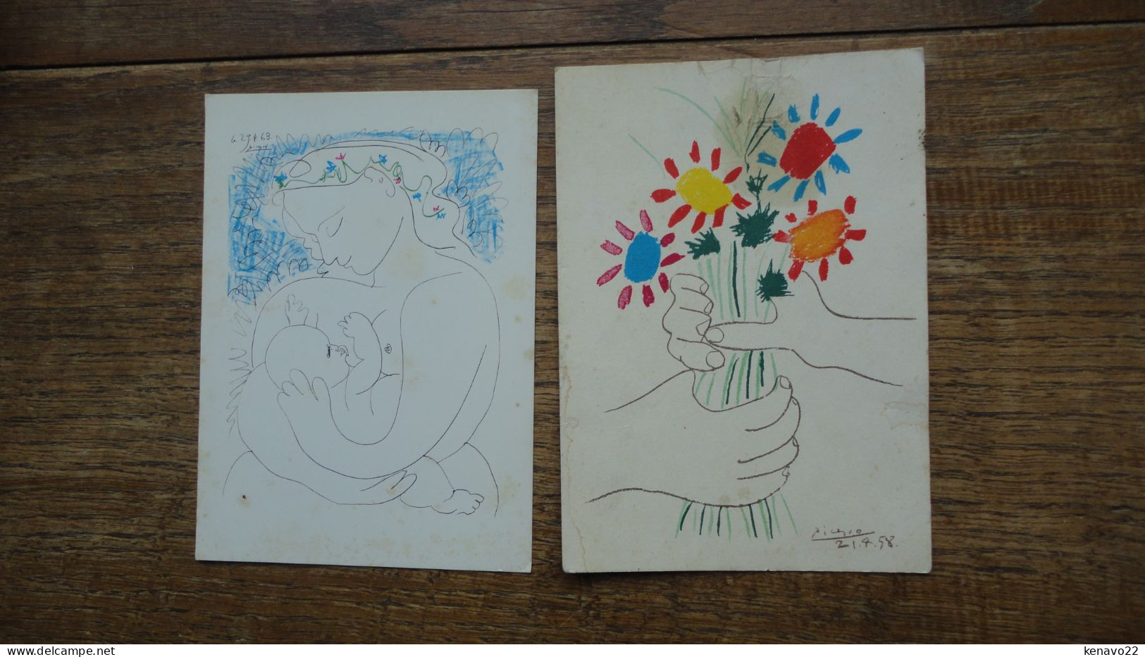 2 Cartes De Pablo Picasso , Mère Et L'enfant 1963 Et Un Bouquet De Fleurs " état Moyen Vendu En L'état " - Malerei & Gemälde