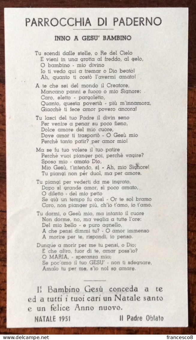 NATALE 1951 PARROCCHIA DI PADERNO (UDINE) Inno A Gesù Bambino / Santino - Religión & Esoterismo