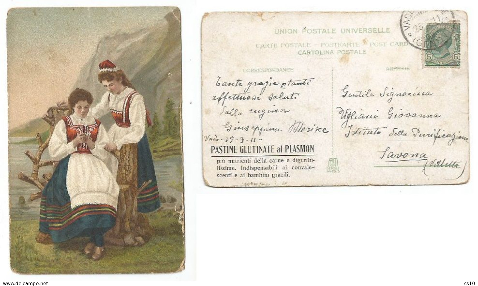 Pastine Glutinate Plasmon Cart. Pubblicitaria Vado Ligure 25mar1911 X Savona - Publicité