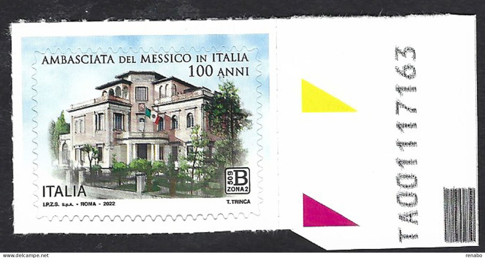 Italia 2022; 100° Ambasciata Del Messico In Italia, Zona 2-50g: Francobollo Con Codice Alfanumerico. - 2021-...:  Nuovi