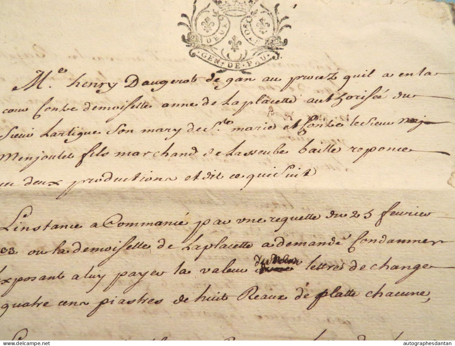 ● Généralité De Pau Me Henry Daugerat De GAN - Demoiselle Anne De LAPLACETTE - Acte Manuscrit Cachet Basses Pyrénées - Seals Of Generality