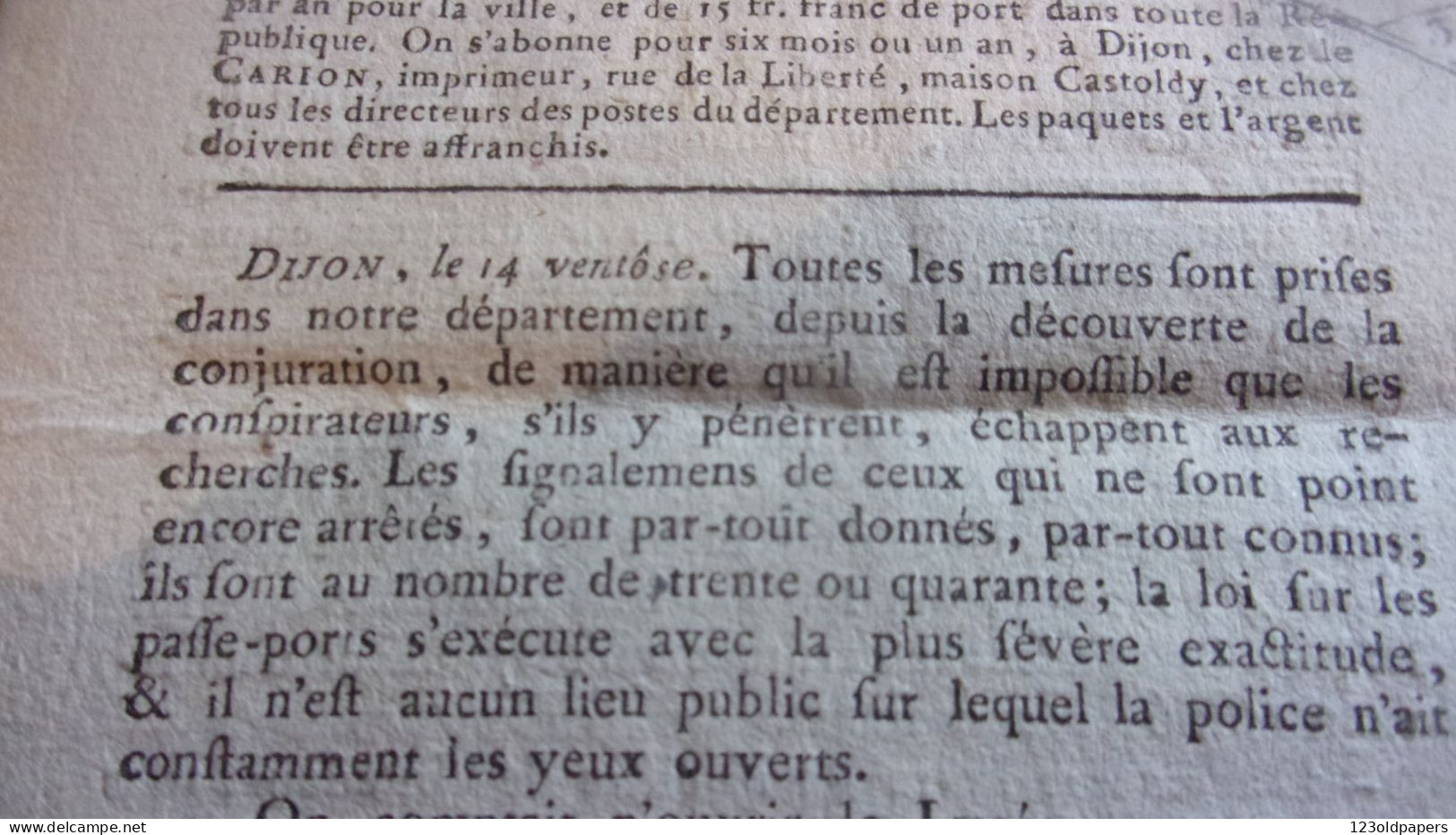 1804 JOURNAL DE LA COTE D OR  CARION DIJON TIMBRES FISCAUX  CONJURATION / CONSPIRATEURS / SOLEURE / ARCHIVES DUCS BOURGO - Historical Documents