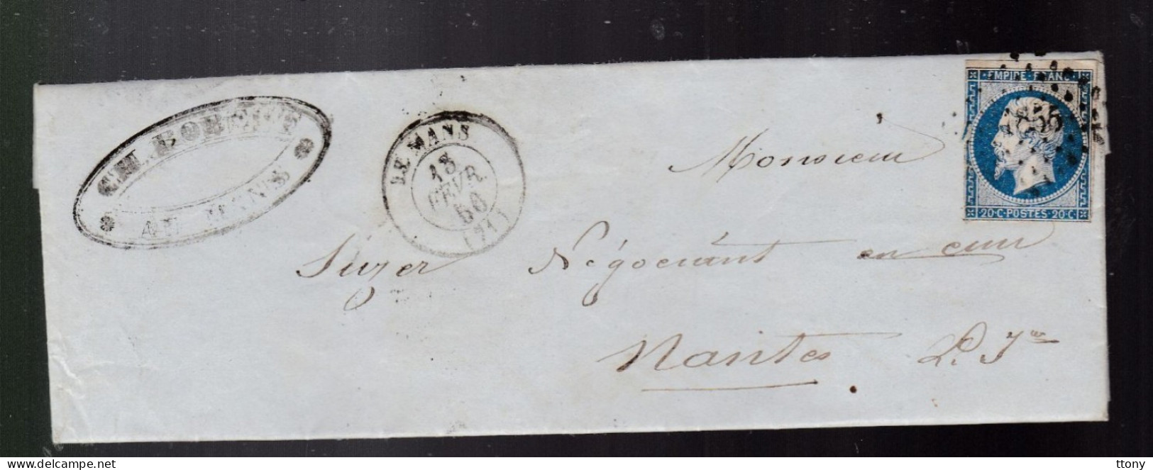 Timbre N° 14 Napoléon III  Bleu    20 C   Sur Lettre Départ  Le Mans 1856    Destination    Nantes Pc 1856 - 1853-1860 Napoléon III.