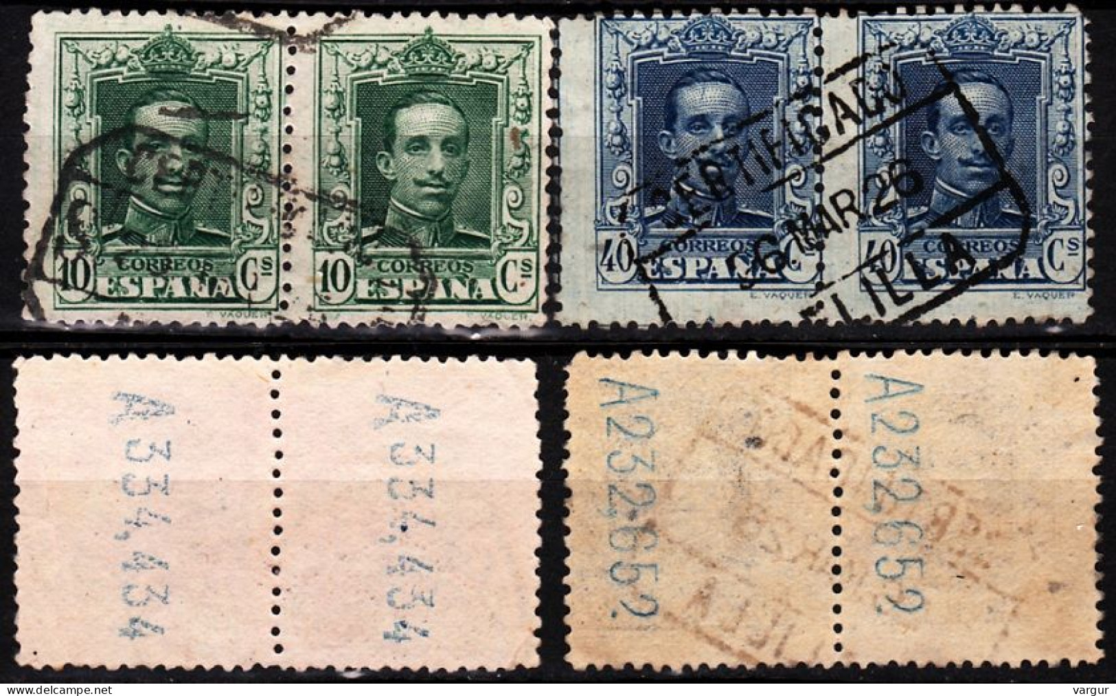 SPAIN 1923 Alfons XIII, 2 Values In Pairs. 10c And 40c (unlisted), Used - Oblitérés