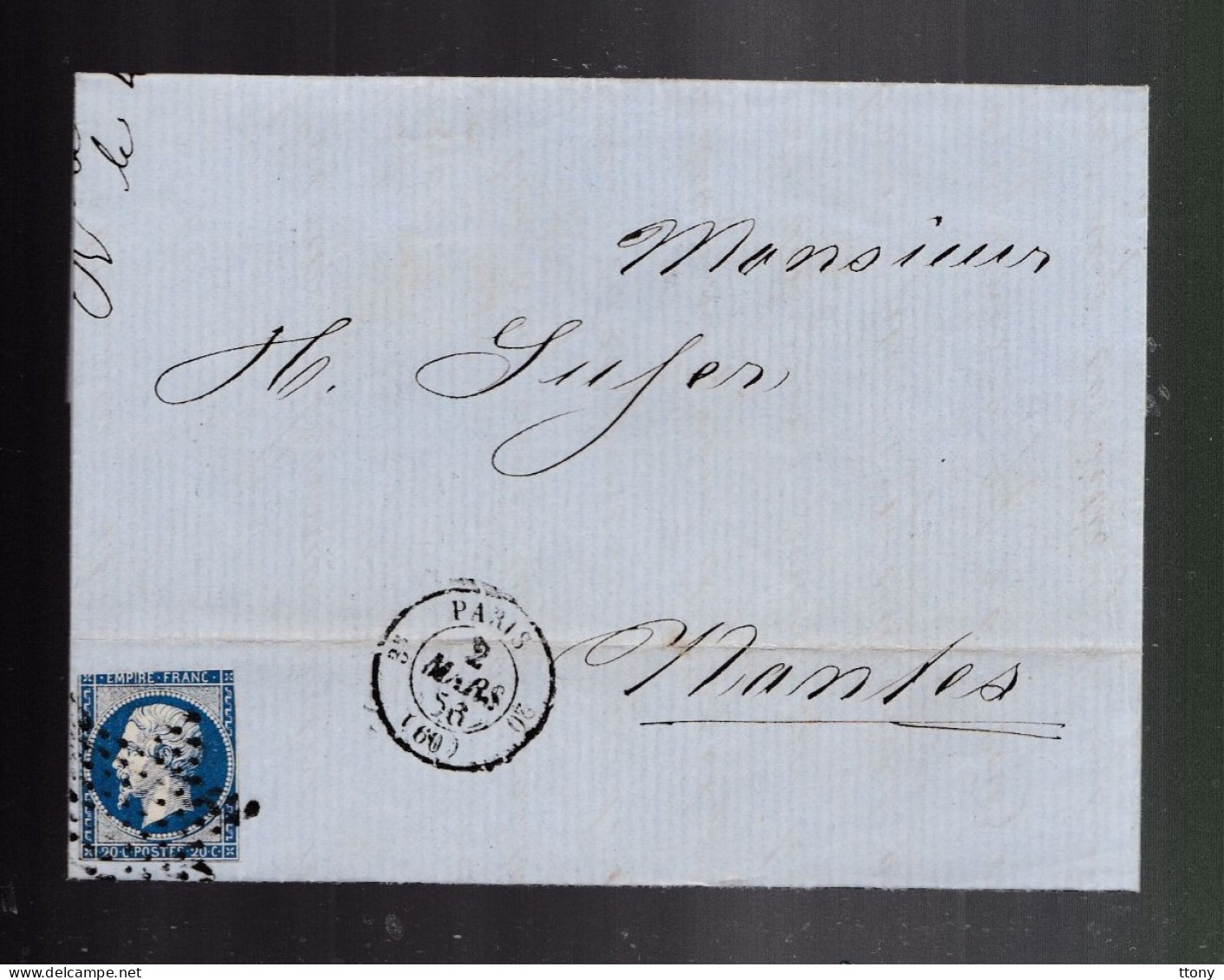 Timbre N° 14 Napoléon III  Bleu    20 C   Sur Lettre Etoile De Paris  1856  Destination    Nantes - 1853-1860 Napoleone III