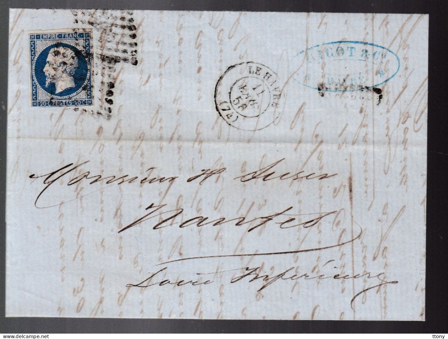 Timbre N° 14 Napoléon III  Bleu    20 C   Sur Lettre Le Havre  1856  Destination    Nantes - 1853-1860 Napoléon III