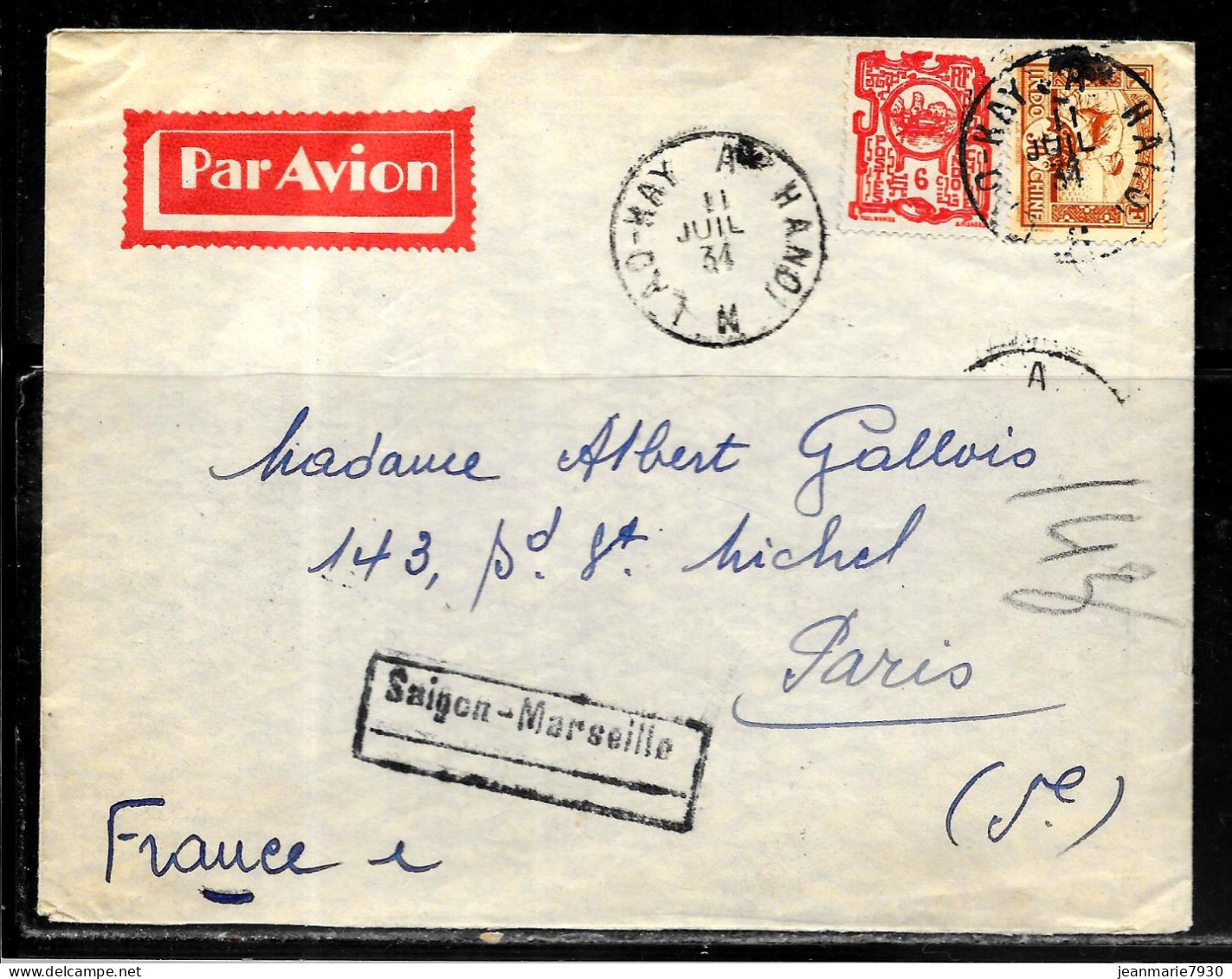 C502 - N° 132 Et 166 SUR LETTRE DE HANOI DU 11/07/34 - CACHET CONVOYEUR DE LAO KAY A HANOY - Storia Postale