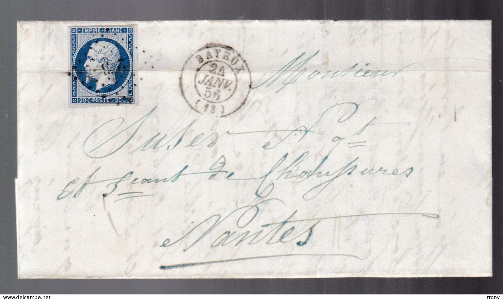 Timbre N° 14 Napoléon III  Bleu    20 C   Sur Lettre Bayeux   1856  Destination    Nantes - 1853-1860 Napoleon III