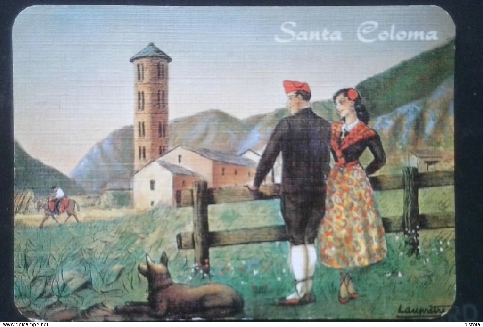 ► Cpsm Santa Coloma (Andorre) - Son Église - Illustration Couple Chien Dessin  Lauprêtre  -   ANDORRA ANDORRE - Andorra