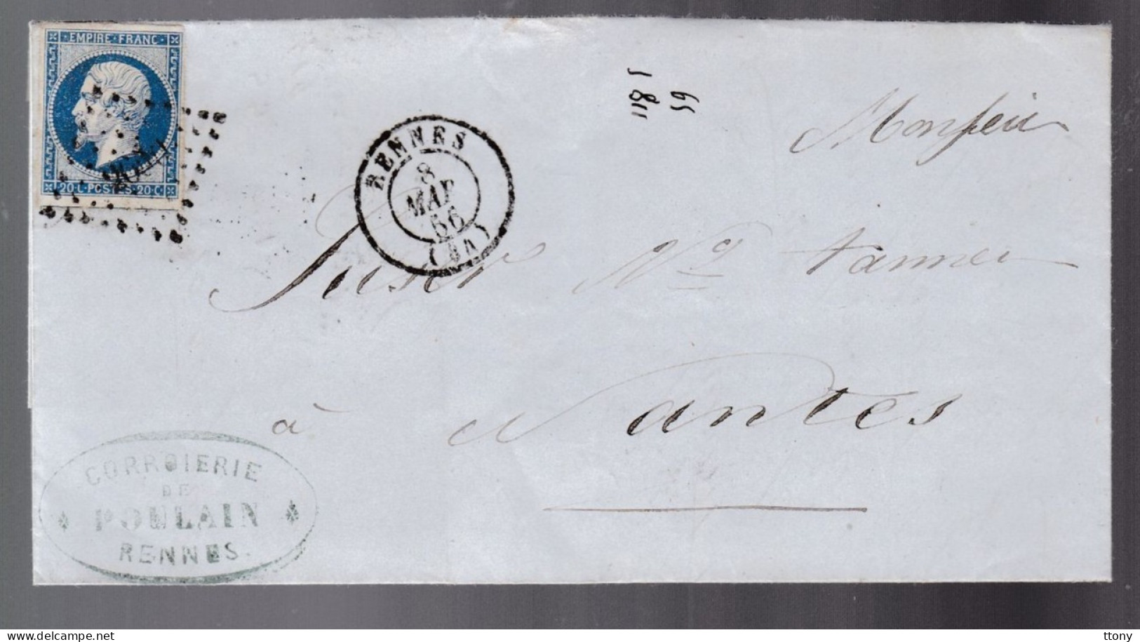 Timbre N° 14 Napoléon III  Bleu    20 C   Sur Lettre  Rennes    1856  Destination    Nantes - 1853-1860 Napoleon III