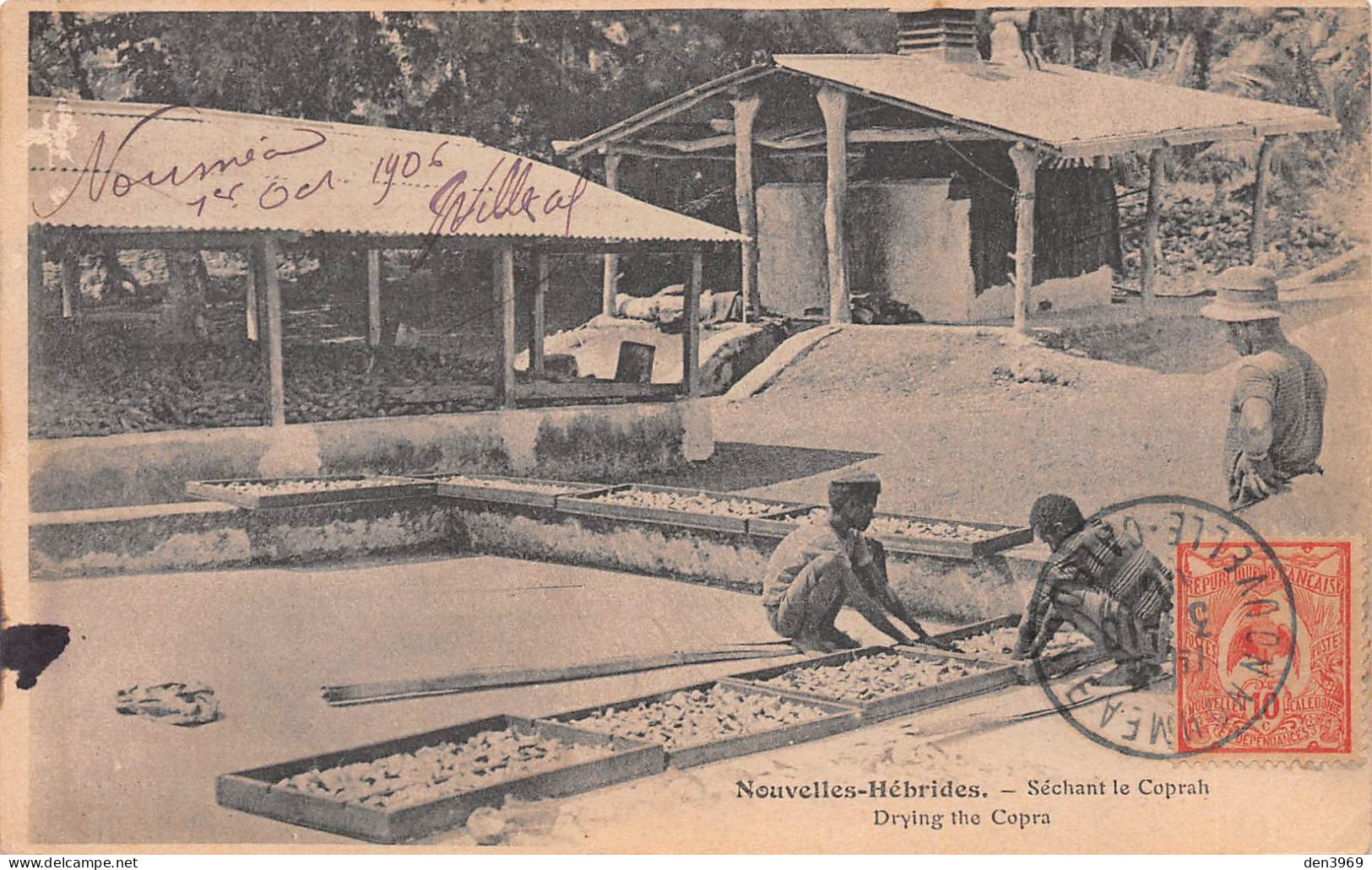 NOUVELLES-HEBRIDES - Séchant Le Coprah - Drying The Copra - Cachet Mme J. Villeval Nouméa - Voyagé 1906 (2 Scans) - Vanuatu