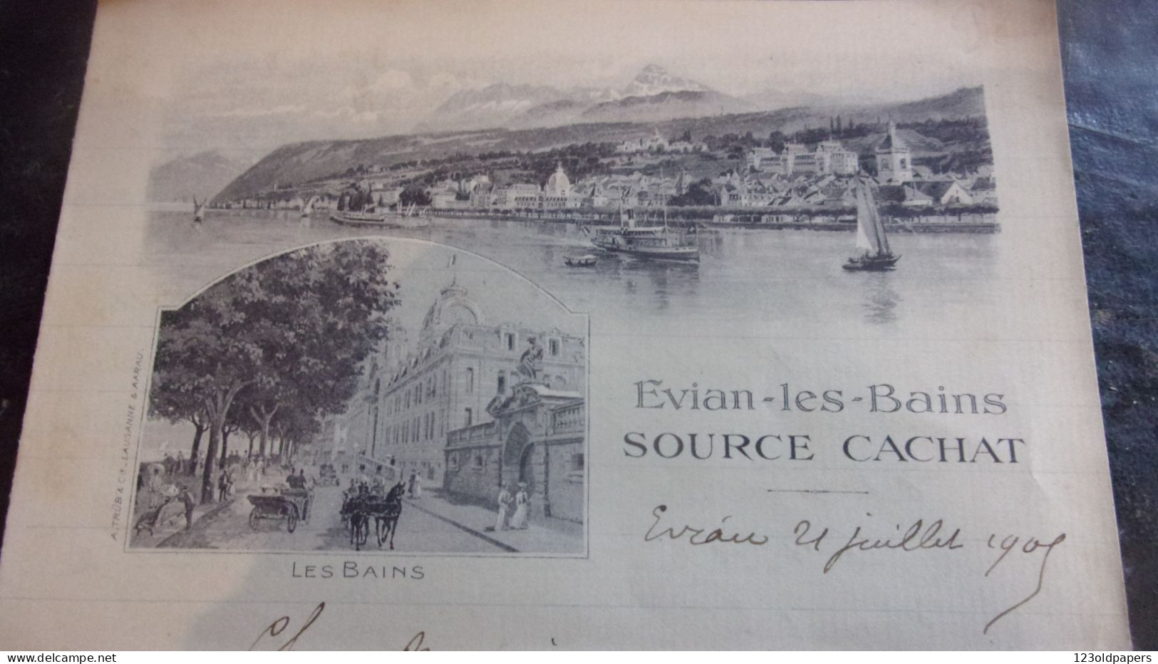 EVIAN LES BAINS SOURCE CACHAT BELLE LETTRE A ENTETE 1906 A TRUB LAUSANNE - Evian-les-Bains