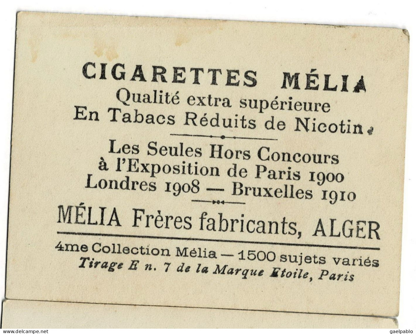 CIGARETTES MELIA - MANVILLE - Tirage E N° 7 De La Marque Etoile - 4ème Collection Mélia - Melia