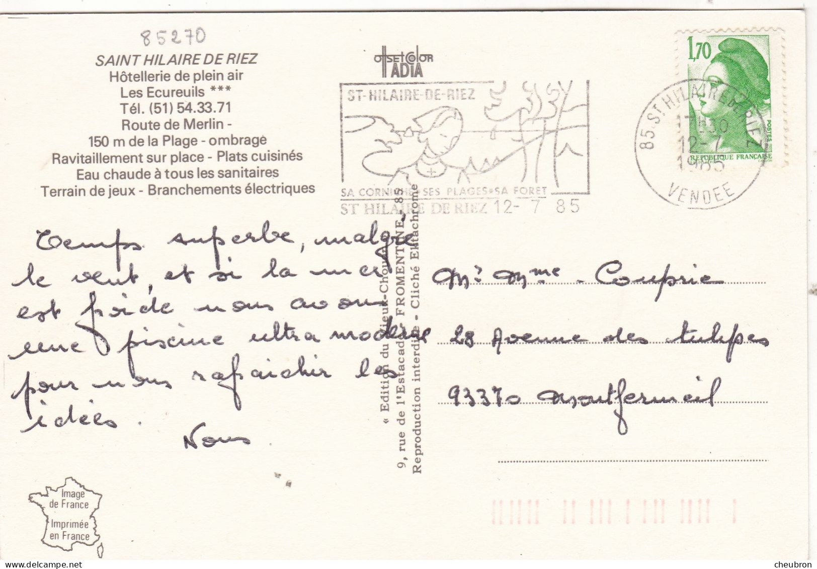 85. SAINT HILAIRE DE RIEZ.  CPsM. MULTIVUES. HOTELLERIE DE PLEIN AIR " LES ECUREUILS ". .ANNEE 1985  + TEXTE - Saint Hilaire De Riez