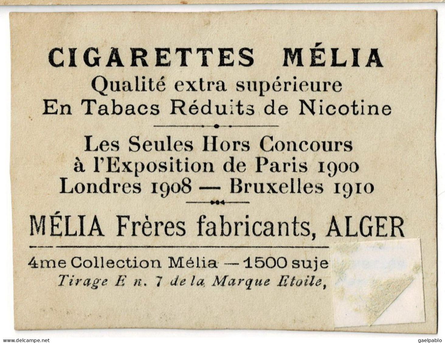 CIGARETTES MELIA -   DERMINY   - Tirage E N° 7 De La Marque Etoile - 4ème Collection Mélia - Melia