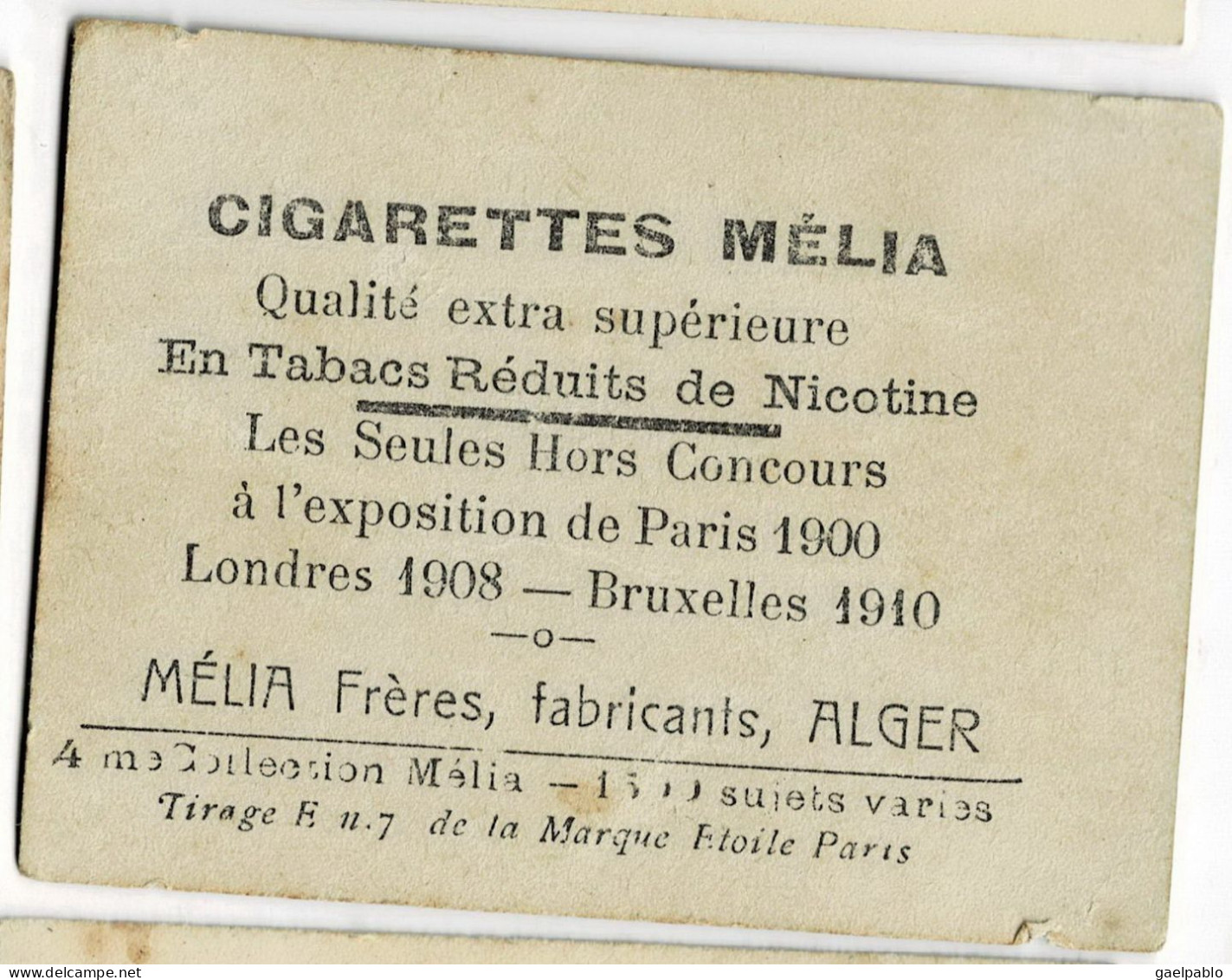 CIGARETTES MELIA -  CONNERLY    - Tirage E N° 7 De La Marque Etoile - 4ème Collection Mélia - Melia