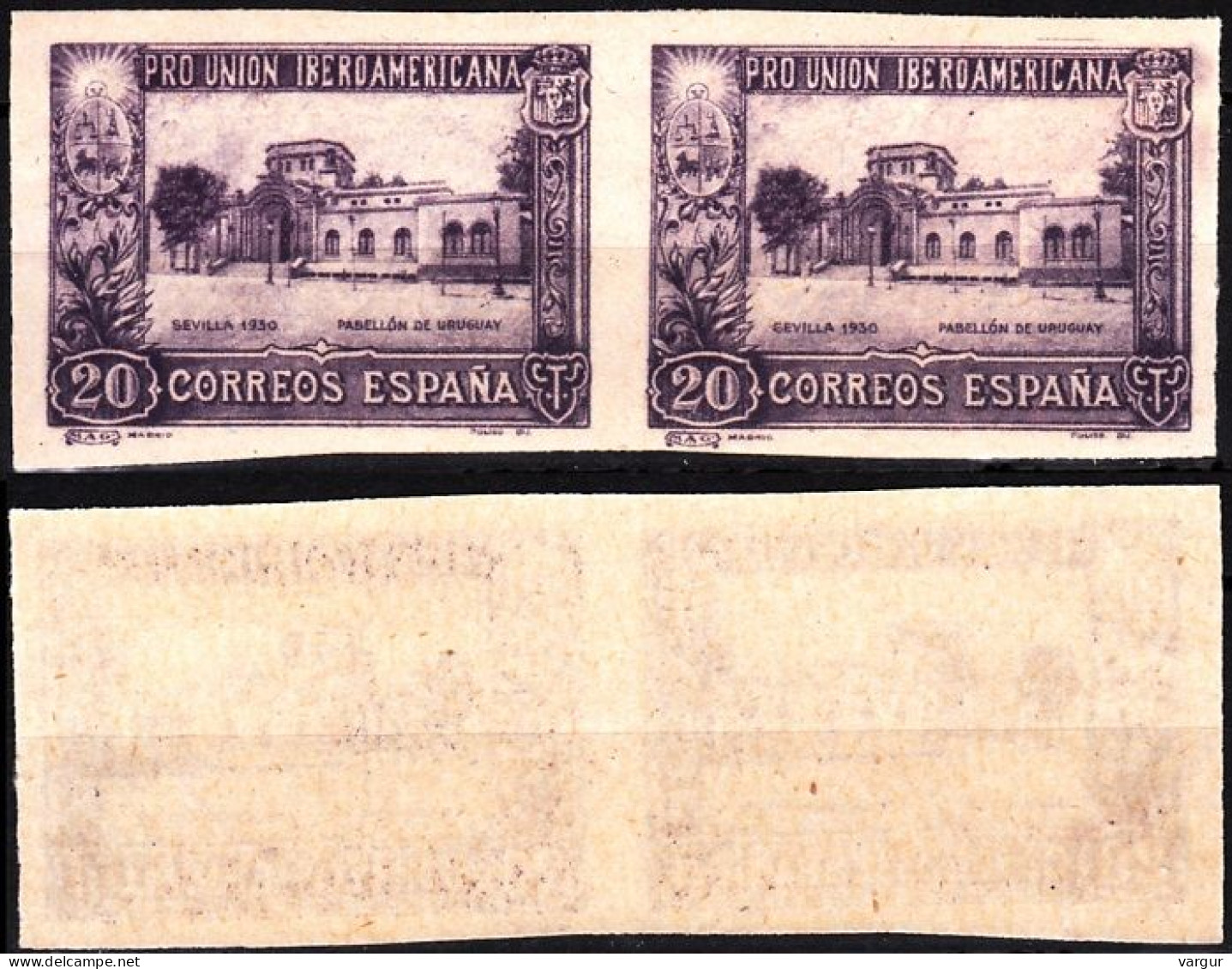 SPAIN 1930 Ibero-American Exposition. 20c Uruguay Pavilion. PAIR #1, Imperforate, MNH - Ongebruikt