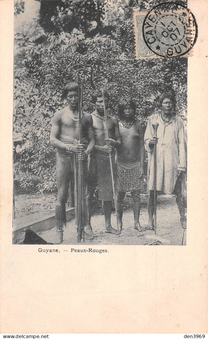 GUYANE - Peaux-Rouges - Nu Ethnique, Guerriers, Lances, Canne - Voyagé 1907 (2 Scans) - Autres & Non Classés