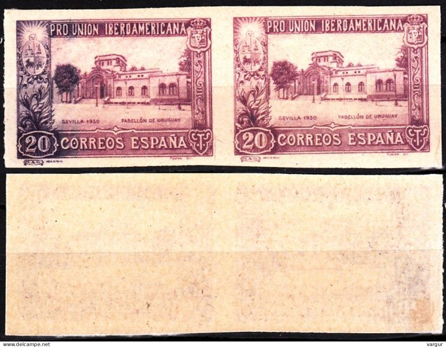 SPAIN 1930 Ibero-American Exposition. 20c Uruguay Pavilion. PAIR #3, Imperforate, MNH - Neufs