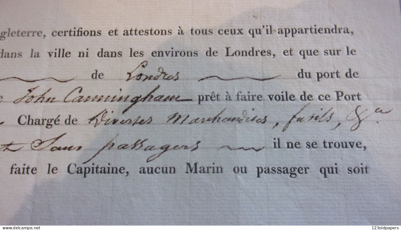 1831 PATENTE DE SANTE DU NAVIRE TYRIAN LONDRES SE RENDANT A Belle Isle En Mer MORBIHAN CHARGE DE FUSILS  CONSULAT FRANCE - Historische Dokumente