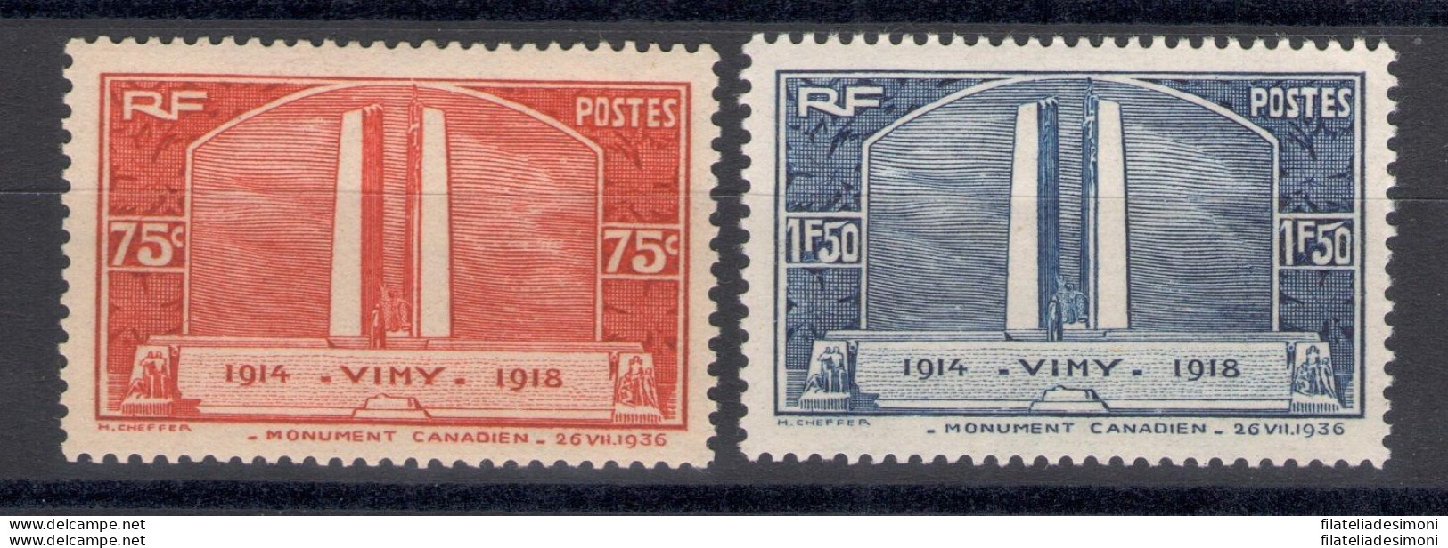 1936 FRANCIA   - N 316/17 Monumento Caduti Canada 2 Val MNH/** - Autres & Non Classés